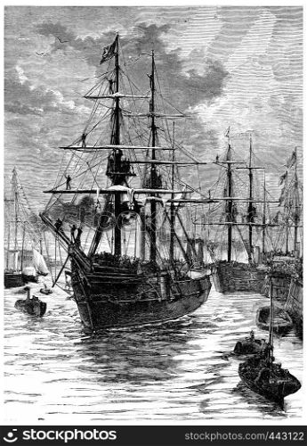 Art and Discovery leaving the harbor of Portsmouth, vintage engraved illustration. Journal des Voyage, Travel Journal, (1880-81).