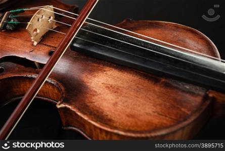 Art. Closeup of old wooden violin stringed instrument on dark gray. Classical music.