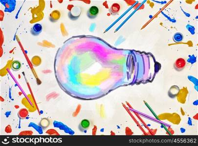 Art creativity ideas. Colorful paint and brushes on white paper as symbol of creative idea