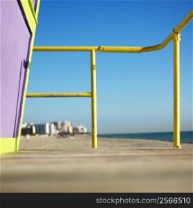 Art deco lifeguard tower deck on beach in Miami, Florida, USA.