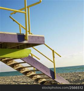 Art deco lifeguard tower on deserted beach in Miami, Florida, USA.