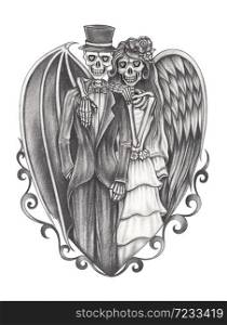 Art Fantasy Angel And Devil Skull.Hand drawing on paper.