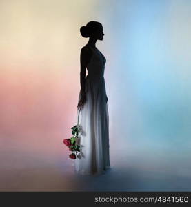 Art fashion studio photo of beautiful elegant woman on colors background. Drawing of shadows and colors. Light and color effects. Fashion style