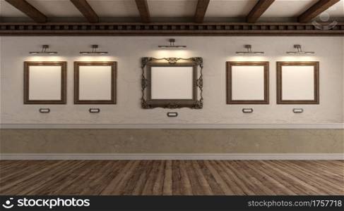 Art gallery with old picture frame, grunge wall and wooden roof beams - 3d rendering. Art gallery with old picture frame
