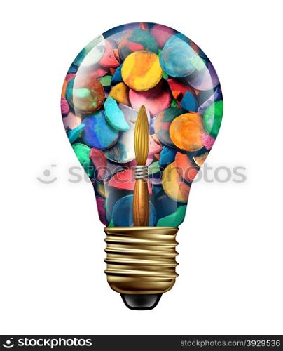 Art ideas and creative expression concept as a group of paints and paintbrush shaped as a lightbulb icon as a metaphor for artistic crafts imagination and freedom to create colorful masterpieces isolated on white.