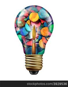 Art ideas and creative expression concept as a group of paints and paintbrush shaped as a lightbulb icon as a metaphor for artistic crafts imagination and freedom to create colorful masterpieces isolated on white.