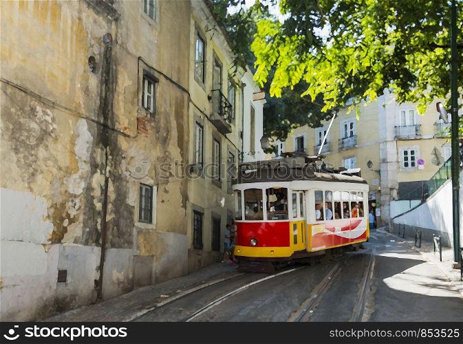 art impression of people getting on the Yellow tram goes by the street of Lisbon city center on September 26, 2015. Lisbon is a capital and must famous city of Portugal. art impression of famous tram in lissabon