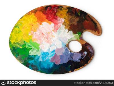 art palette with colorful mixed paints isolated over white background. art palette with colorful mixed paints