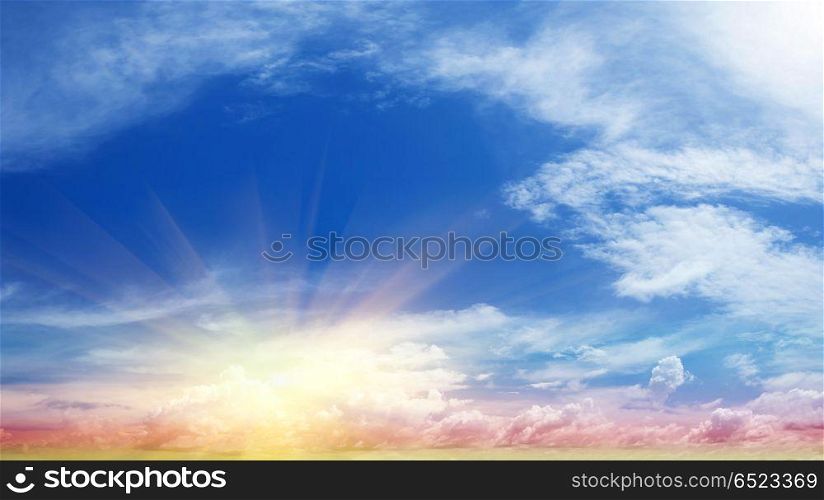 Art summer background. Summer sky and clouds. Tropical clear background panorama. Art summer background