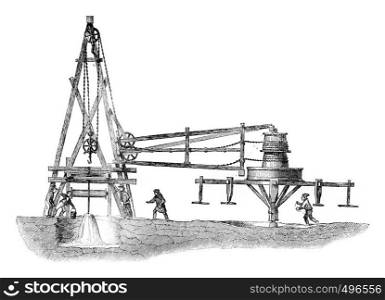 Artesienne Fontaine de Grenelle, and rut to remove and lower the probe, vintage engraved illustration. Magasin Pittoresque 1841.