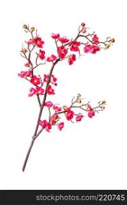 Artificial branch of blossoming cherry with bright pink flowers, isolated on white background