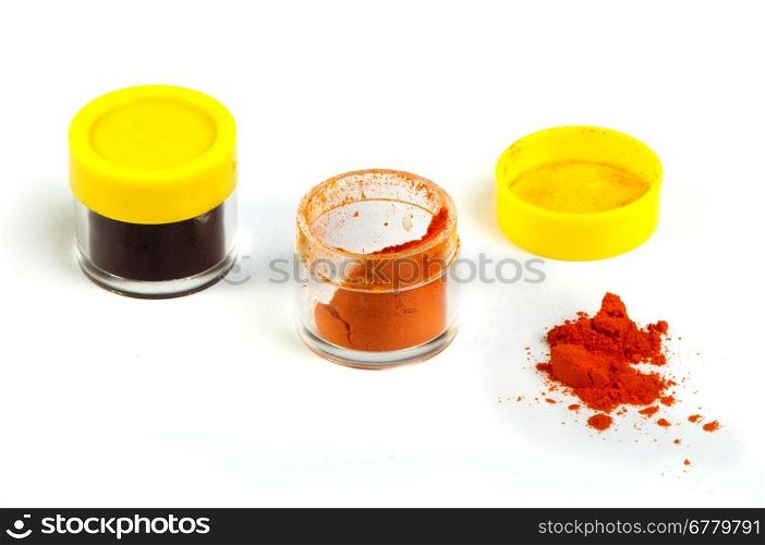 Artificial food coloring pigment or substances in pack.White isolated.