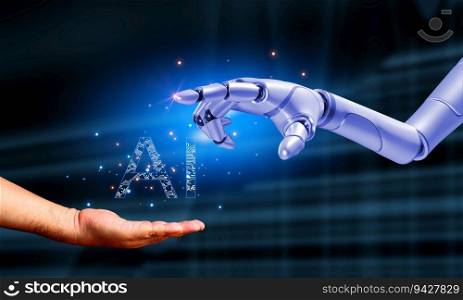 artificial intelligence 3D robotic hand with text AI on hand light glow abstrat background, technology concept