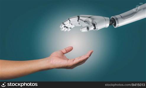 artificial intelligence AI hand robot white 3d rendering and hand people on background.