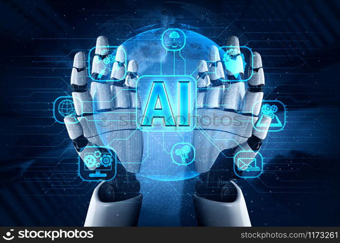 Artificial intelligence AI research of robot and cyborg development for future of people living. Digital data mining and machine learning technology design for computer brain communication.