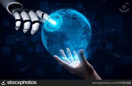 Artificial intelligence AI research of robot and cyborg development for future of people living. Digital data mining and machine learning technology design for computer brain communication.