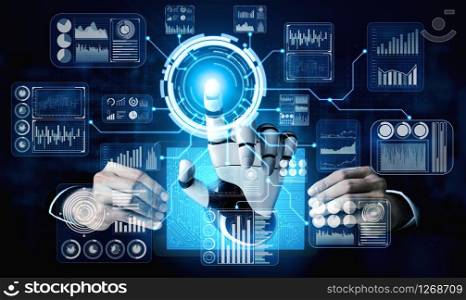 Artificial intelligence AI research of robot and cyborg development for future of people living. Digital data mining and machine learning technology design for computer brain communication.