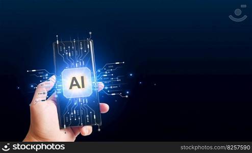 Artificial intelligence AI, smartphone machine learning on dark blue background with copy space, modern computer technologies concept.