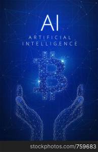 Artificial intelligence and cyber space concept futuristic hud background with glowing polygon bitcoin symbol, hands, blockchain peer to peer network and title AI. Global cryptocurrency banner concept. Blockchain technology artificial intelligence and cyber space co