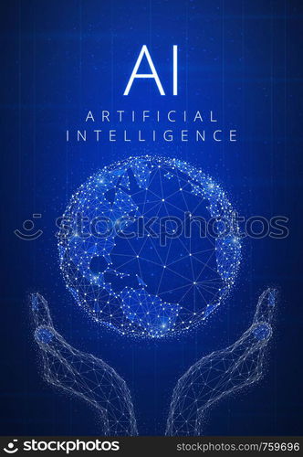 Artificial intelligence and cyber space concept futuristic hud background with glowing polygon world globe in hands, blockchain peer to peer network and title AI. Global cryptocurrency banner concept.. Blockchain technology artificial intelligence and cyber space co