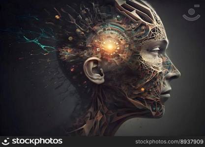 Artificial Intelligence Brain explotion. Futuristic human brain machine. generative ai