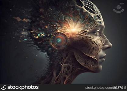 Artificial Intelligence Brain explotion. Futuristic human brain machine. generative ai