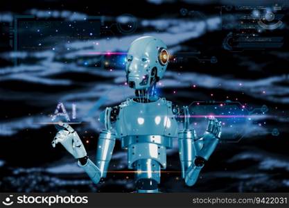 artificial intelligence collected processing commands to find the best answer to communicate with humans. 3D robotic working with element futuristic digital icon background