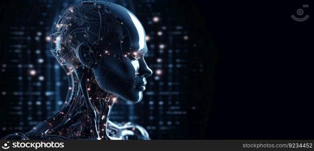 Artificial intelligence, composition of a chrome cyborg robot on a dark background, isolate. Header banner mockup with copy space. AI generated.. Artificial intelligence, composition of a chrome cyborg robot on a dark background, isolate. AI generated.
