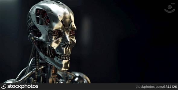 Artificial intelligence, composition of a chrome cyborg robot on a dark background, isolate. Header banner mockup with copy space. AI generated.. Artificial intelligence, composition of a chrome cyborg robot on a dark background, isolate. AI generated.