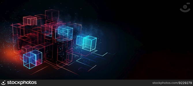 Artificial intelligence, composition of neon brain cubes on a dark background, isolate. Header banner mockup with copy space. AI generated.. Artificial intelligence, composition of neon brain cubes on a dark background, isolate.. AI generated.