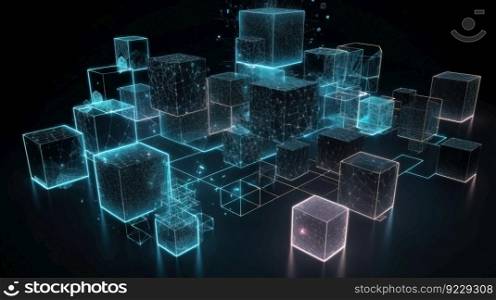 Artificial intelligence, composition of neon brain cubes on a dark background, isolate.Header banner mockup with copy space. AI generated.. Artificial intelligence, composition of neon brain cubes on a dark background, isolate. AI generated.