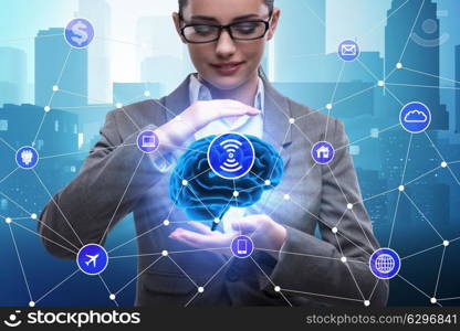 Artificial intelligence concept with brain and businesswoman