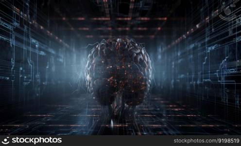 Artificial intelligence concept with circuit board background and advanced android brain. AI is Generative technology.