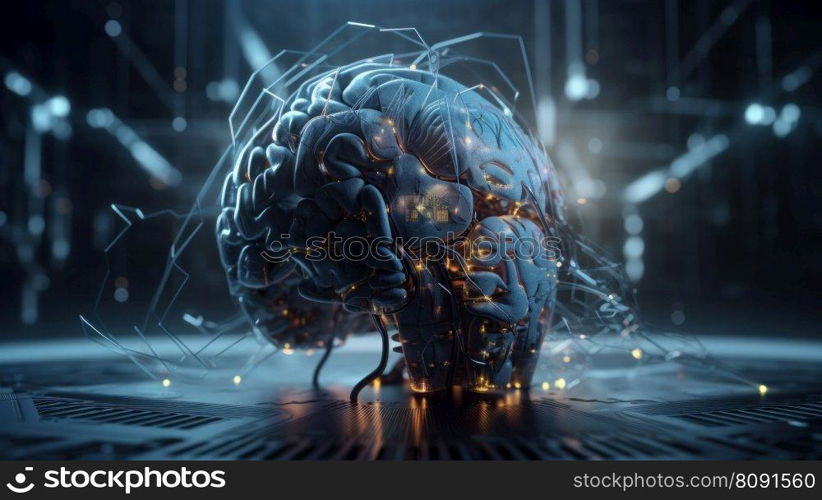 Artificial intelligence concept with futuristic android brain and circuit board background. AI is Generative technology.