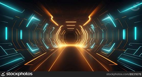 Artificial Intelligence Connection Tech Background with Futuristic Tunnel Neon Glow