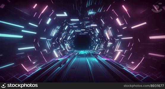 Artificial Intelligence Connection Tech Background with Futuristic Tunnel Neon Light