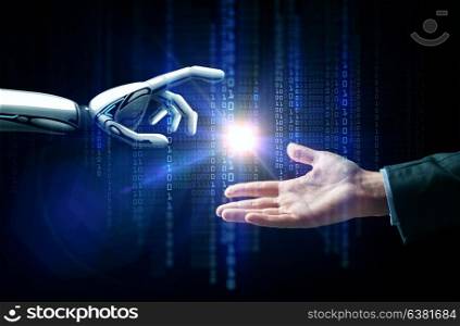 artificial intelligence, future technology and business concept - robot and human hand with flash light and binary code over black background. robot and human hand flash light and binary code