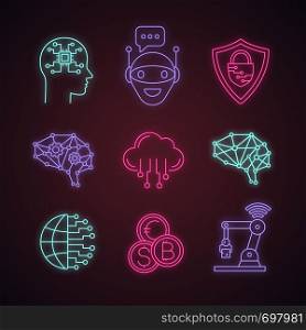 Artificial intelligence neon light icons set. AI. Chat bot, cybersecurity, neurotechnology, big data, internet of things, digital brain, currency exchange. Glowing signs. Vector isolated illustrations. Artificial intelligence neon light icons set