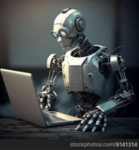 Artificial intelligence robot with notebook as futuristic technology concept, created with generative AI
