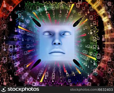 Artificial Intelligence series. Abstract design made of 3D illustration of human face and computer elements on the subject of super human AI, computer consciousness and technology