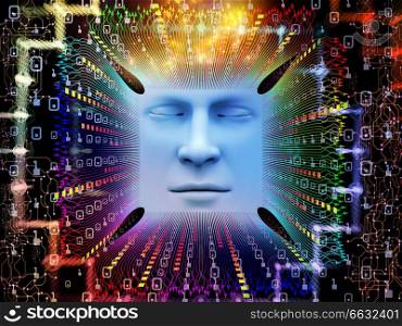 Artificial Intelligence series. Composition of 3D illustration of human face and computer elements suitable as a backdrop for the projects on super human AI, computer consciousness and technology