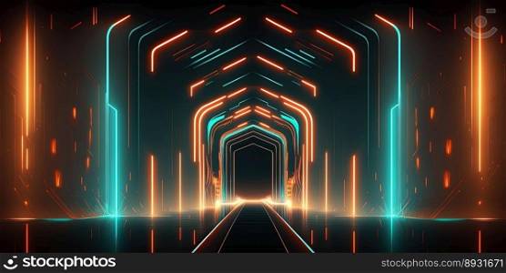 Artificial Intelligence System Background with Tunnel Neon Light