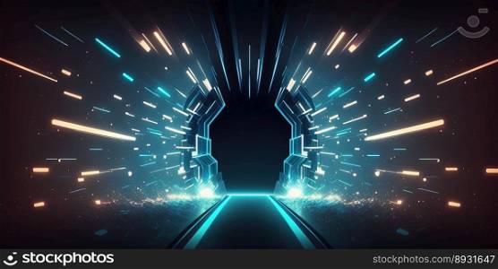Artificial Intelligence System Connection Background with Futuristic Tunnel Neon Light