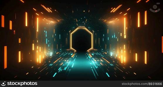 Artificial Intelligence System Tech Background with Futuristic Tunnel Neon Glow