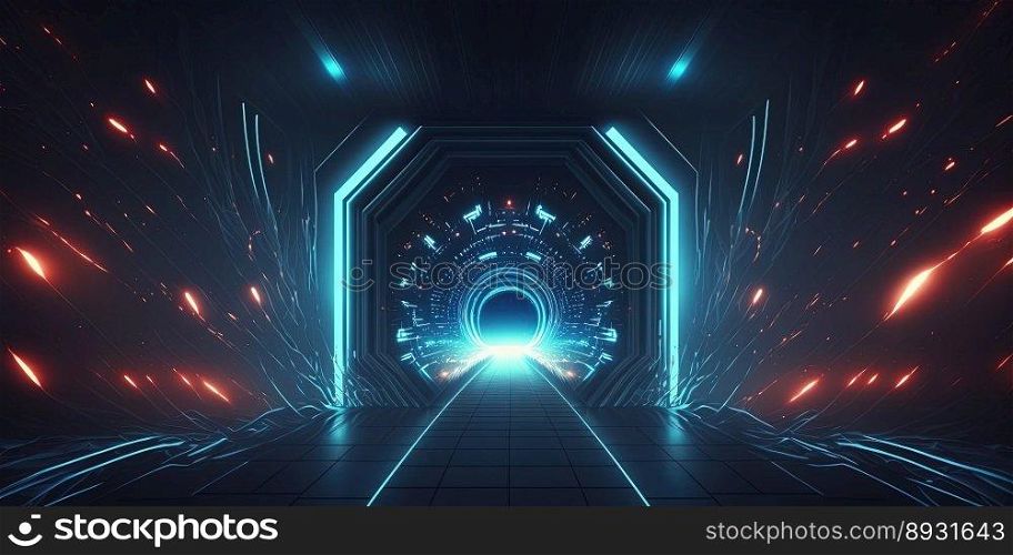 Artificial Intelligence System Tech Background with Tunnel Neon Light