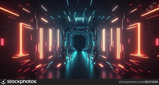 Artificial Intelligence Tech Background with Futuristic Tunnel Neon Light