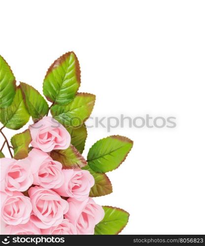 Artificial pink roses with leaves made of soap, isolated on white background