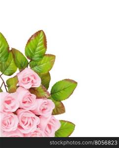 Artificial pink roses with leaves made of soap, isolated on white background