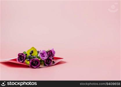 Artificial purple rose bouquet in pink envelope against pink background for Valentine’s day and love concept 