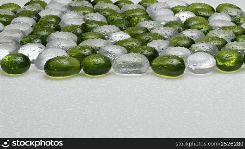 artificial round stones with water drop of green and white color. imitation pebbles. round plastic pebbles